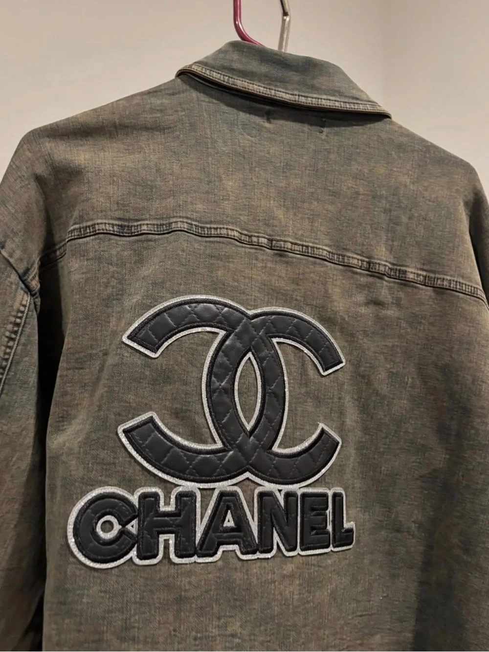 CHANEL Olive Green Denim Jacket with Monogram Panels